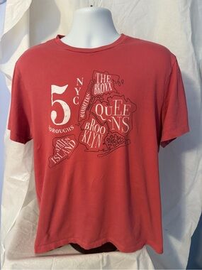 J. Crew Men's NYC Boroughs Graphic Tee - Coral Red with White Print